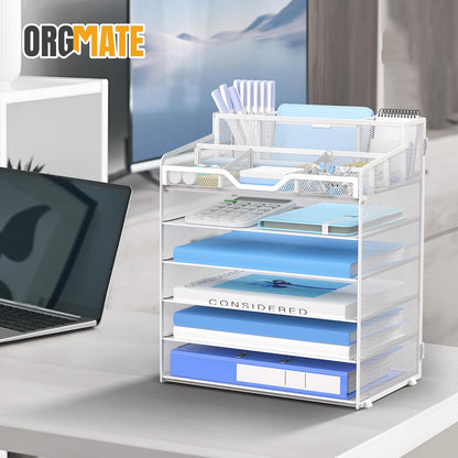 5 Tier Mesh Desk Organizer,Multi Functional Letter Paper Tray with 3 Pen Holders and 5 Adjustable Storage Compartments for Office Supplies Files and Mail Space Saving Desktop Organizer-Black