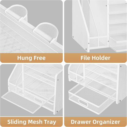 Marbrasse Desk Organizer with File Holder, 5-Tier Paper Letter Tray Organizer with Drawer and 2 Pen Holder, Mesh Desktop Organizer and Storage with Magazine Holder for Office Supplies(Black)
