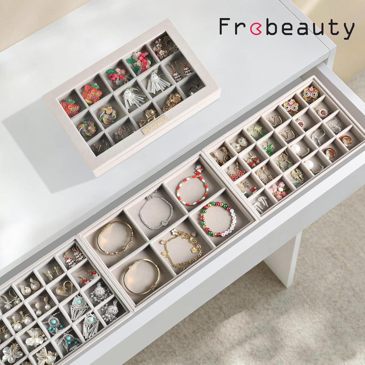 Frebeauty Stackable Jewelry Trays, Velvet Drawer Jewelry Organizer with Glass Lid,5 in 1 Multi-Functional Jewelry Storage for Earrings Necklaces Rings, 10.5 x 6.5 x 5.55 Inches Gift for Women(Beige)