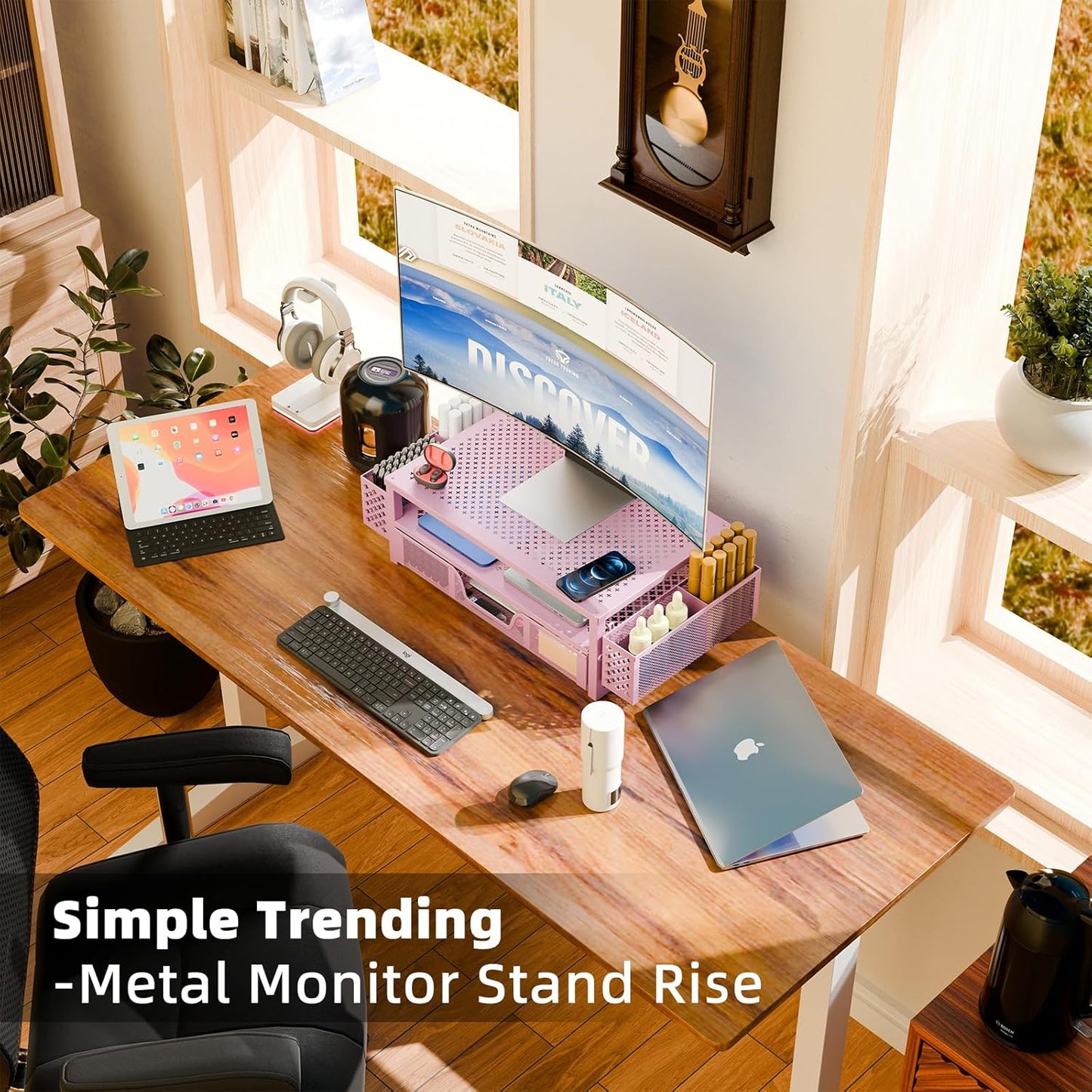 Simple Trending Desk Organizer and Accessories, 2 Tier Computer Metal Monitor Stand Riser with Drawer and Pen Holder for Laptop, Computer, iMac, Black