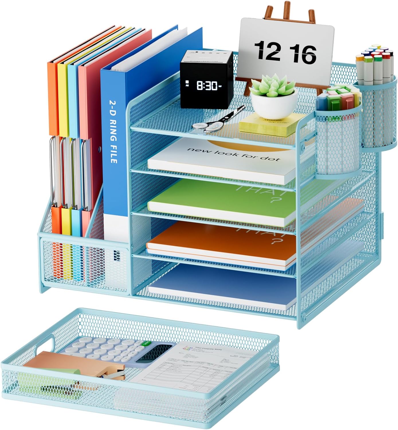 Marbrasse Desk Organizer with File Holder, 5-Tier Paper Letter Tray Organizer with Drawer and 2 Pen Holder, Mesh Desktop Organizer and Storage with Magazine Holder for Office Supplies(Black)