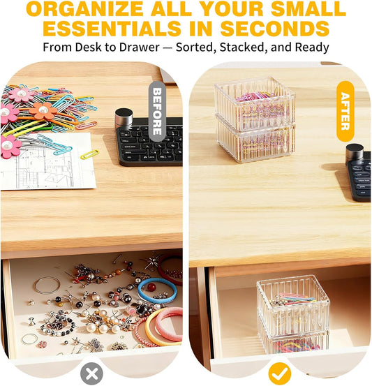 Clear Stackable Desk Organizer & Paper Clip Holder, 4 Pack - Small Desktop & Drawer Organizers for Paperclips, Binder Clips, Hair Ties, Jewelry, Pins, Multi-Purpose Storage for Office, Home & School