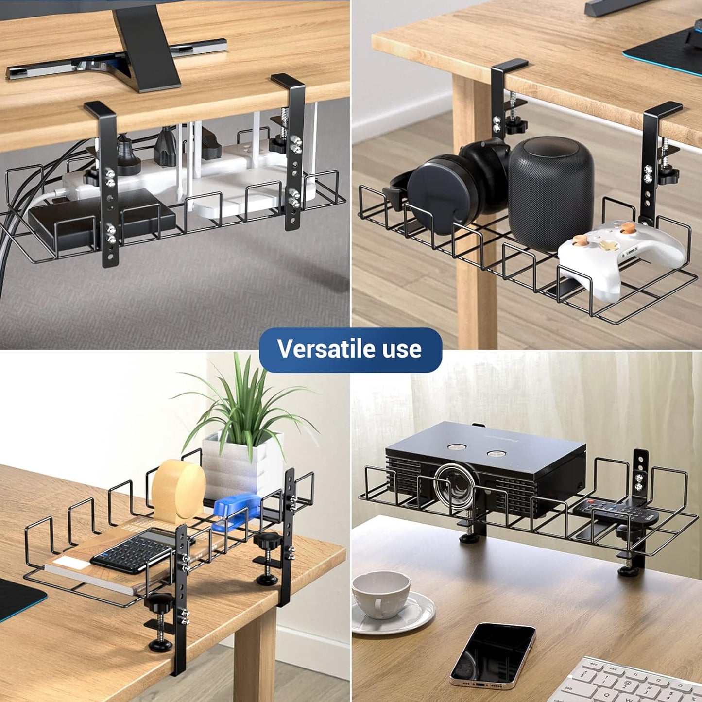 LUXEAR Under Desk Cable Management Tray 2Pack No Drill C-Clamp Standing Desk Cords Organizers 15.7“ High Capacity Adjustable Removable Docking Station Wires Holder Rack Office Kitchen Table Raceway