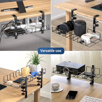 LUXEAR Under Desk Cable Management Tray 2Pack No Drill C-Clamp Standing Desk Cords Organizers 15.7“ High Capacity Adjustable Removable Docking Station Wires Holder Rack Office Kitchen Table Raceway