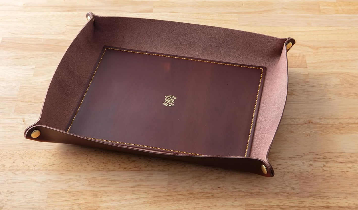 USA Handmade Premium Leather Valet Tray, Folds Flat! Dice Rolling Basket and Organizer with Brass Snaps - Reinforced Base - for Keys, Jewelry, Coin, EDC, Watch Storage Caddy - Black XLarge