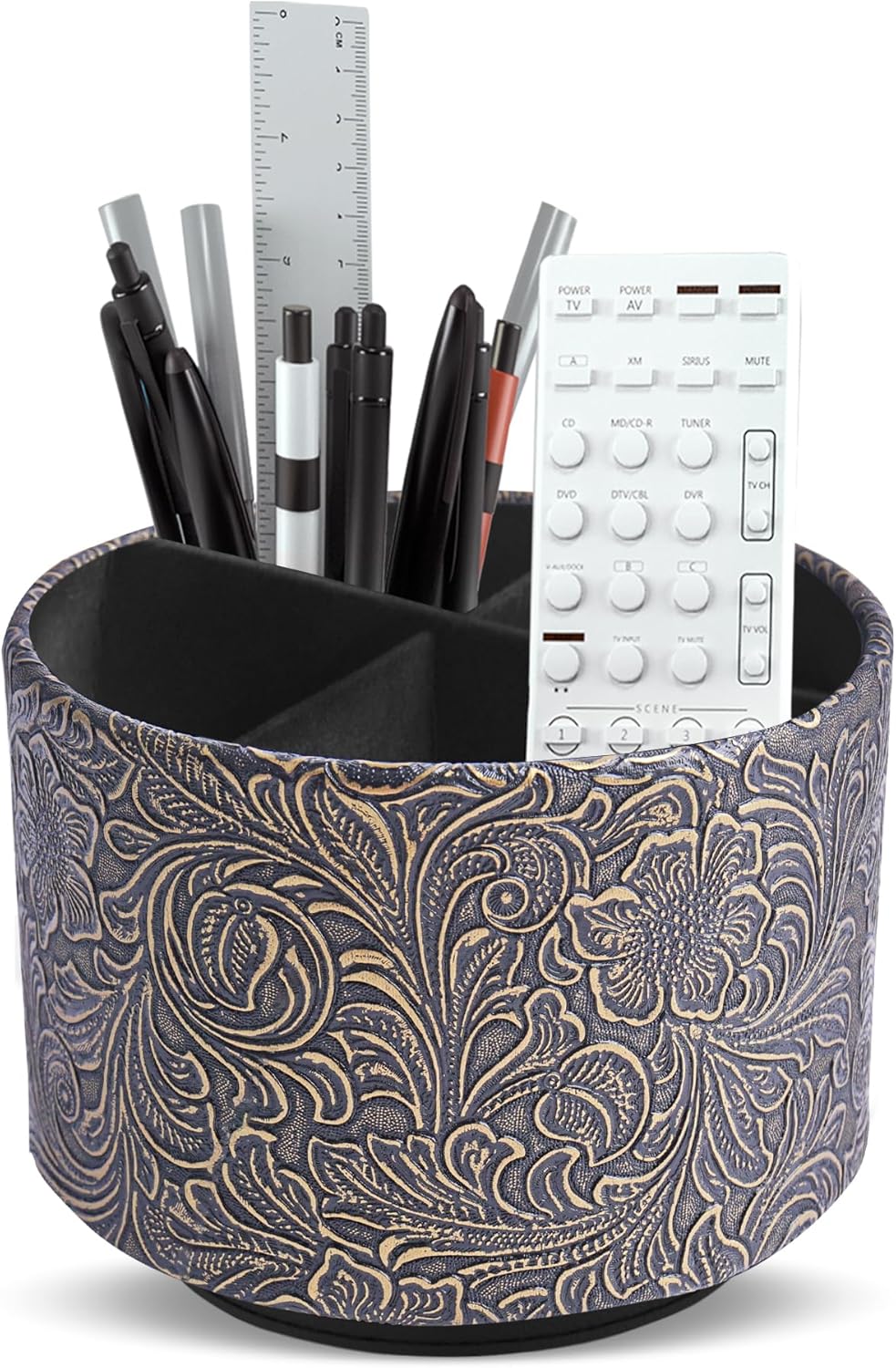 lizimandu Round Leather Art Supply Organizer,Remote Control Holder,360 Degree Spinning,Multi-Functional Pencil Holder,4 Compartments Desktop Stationary Organizer(1-Gold) - Colors B