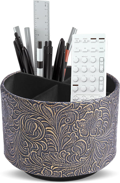 lizimandu Round Leather Art Supply Organizer,Remote Control Holder,360 Degree Spinning,Multi-Functional Pencil Holder,4 Compartments Desktop Stationary Organizer(1-Gold) - Colors B