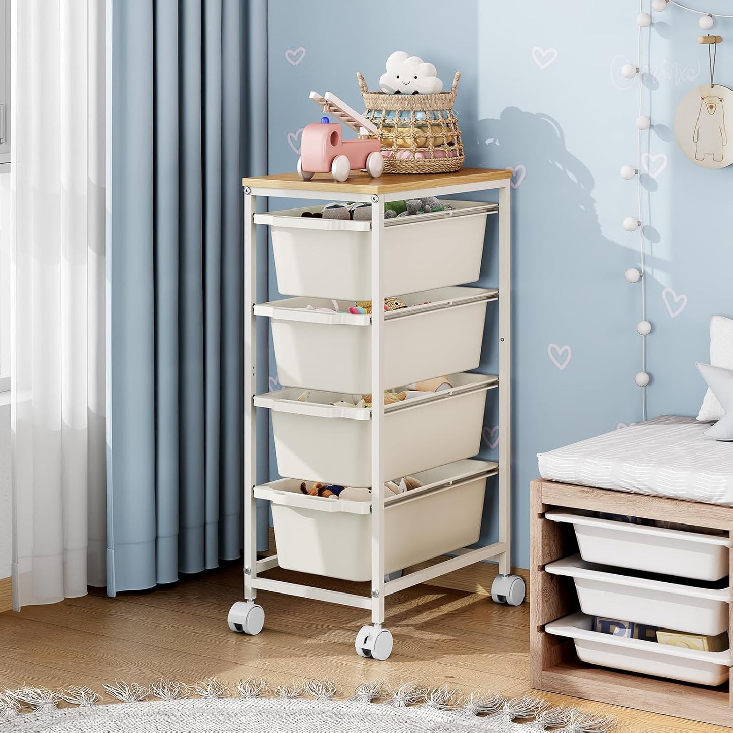 Rolling Storage Cart with 3 Drawers, Craft Organizer, Wooden Tabletop Utility Cart for Bedroom, Children's Room and Office Organization, Under Desk Trolley with Lockable Wheels,White