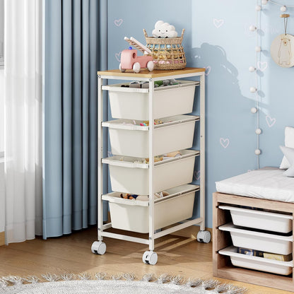 Rolling Storage Cart with 3 Drawers, Craft Organizer, Wooden Tabletop Utility Cart for Bedroom, Children's Room and Office Organization, Under Desk Trolley with Lockable Wheels,White