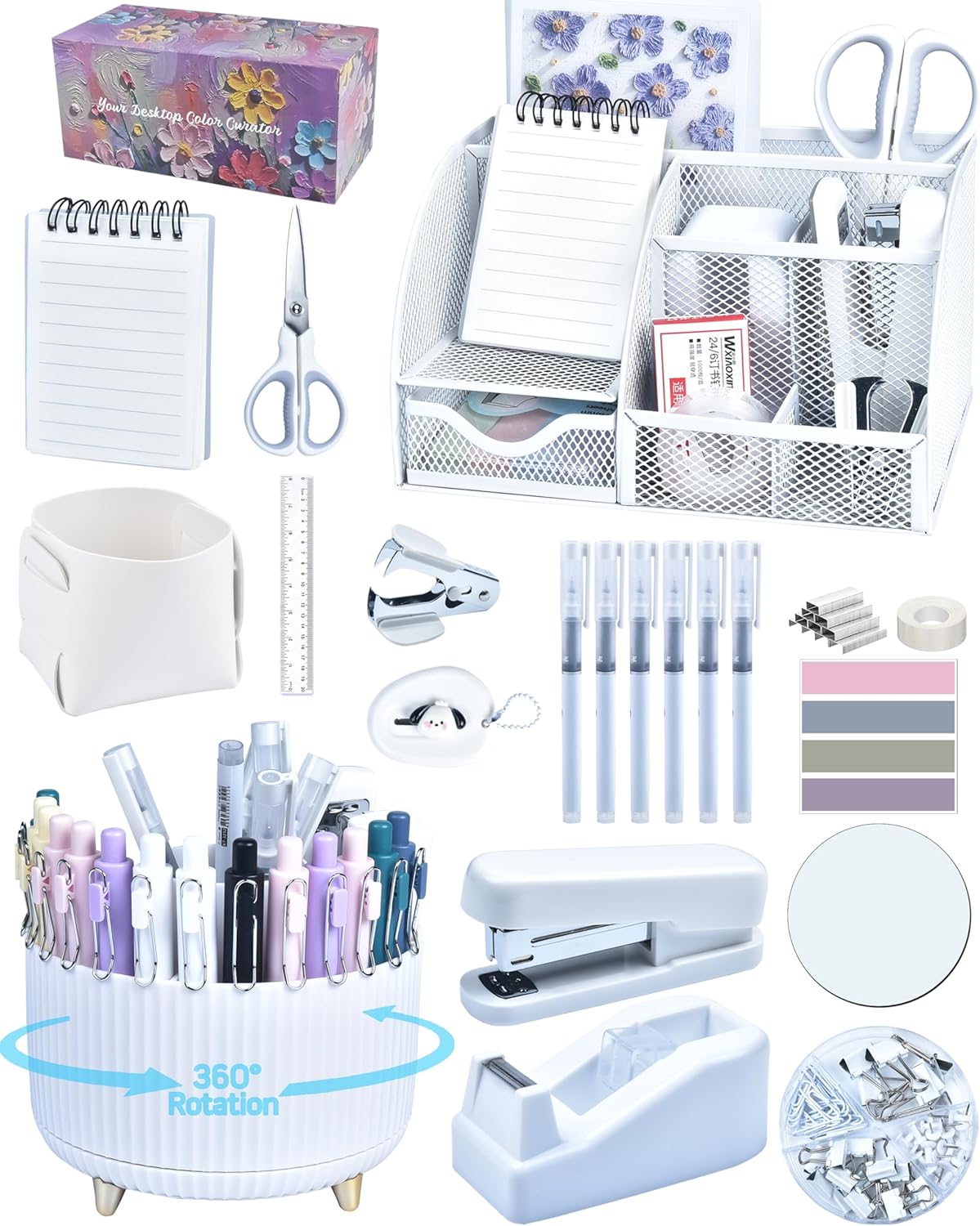 Purple Desk Accessories and Organizers with Desk Organizer and 360°Rotating Pen Holder stapler Pen and a Lot of Office Purple Office Supplies Beautifully Presented in a Gift Box