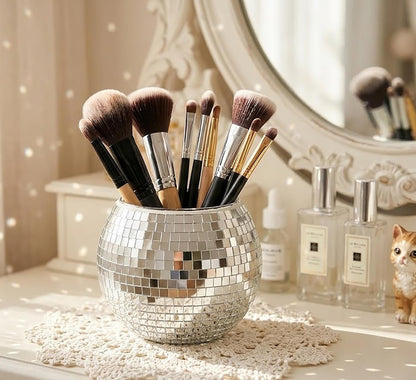 Glass Disco Ball Pen Holder with Smooth Grouting - Premium Mirror Mosaic Pencil Cup for Desk, Cute Makeup Brush Holder, Aesthetic Room Decor Gift (Iridiscente)