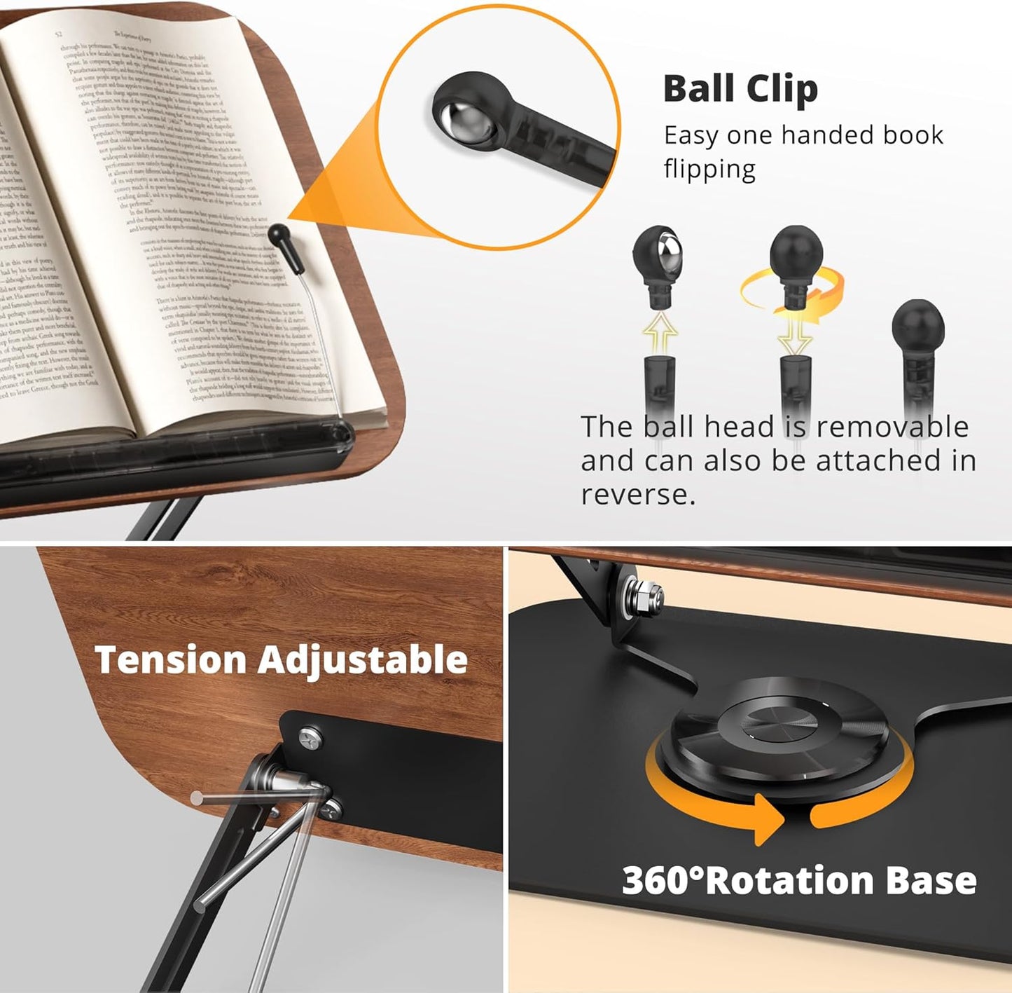 SupeDesk Book Stand for Reading, Adjustable Book Holder with 360° Rotating Bases, Foldable Designs, and Elastic Clips, Multifunctional Display Stand for Recipe, Cookbooks, Magazines, Tablets, Laptops