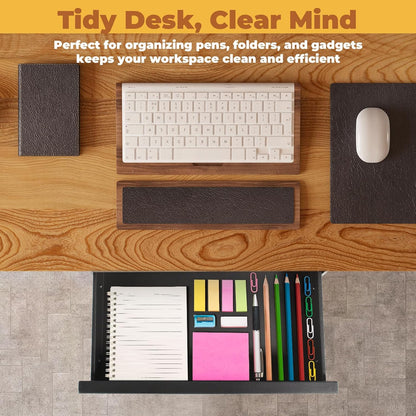 POPMOON 13.8 in Under Desk Drawer For Desk, Pull out Storage Organizer with Slide Extension Mounted Under Flat Wooden Table or Workbench, Carbon Steel Undermount Drawer,Black