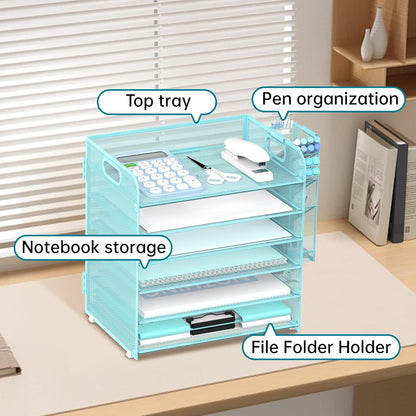 SUPEASY 6 Tier Desk Organizer with 4 Pen Holders, Mesh Paper Organizer Letter Tray with Handle, Desk Organizer Tray File Organizer for A4 File Folder, Black
