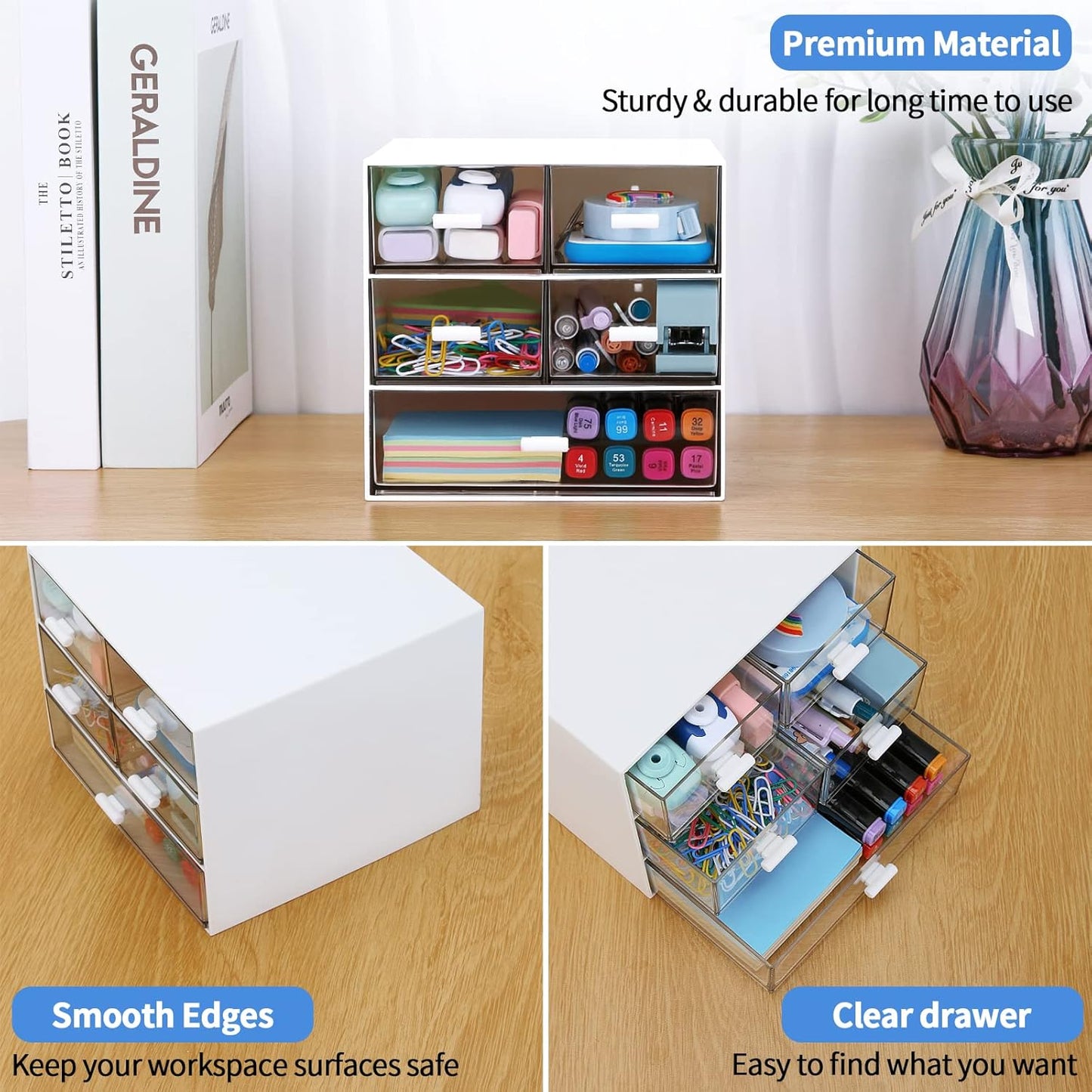 Desk Organizer with 5 Drawers, Rectangular Office Stationery Supplies Desktop Drawers, Plastic Makeup Storage, Suitable for Office, School, Home (Pink & 5 Drawers)
