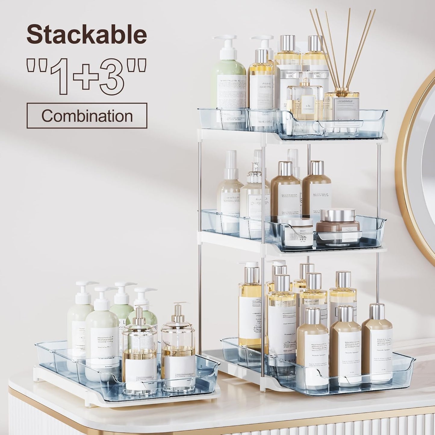 Delamu 2-Tier Multi-Purpose Bathroom Under Sink Organizers and Storage, Stackable Kitchen Pantry Organization, Pull Out Medicine Cabinet Organizer with Movable Dividers, White, 2 Pack