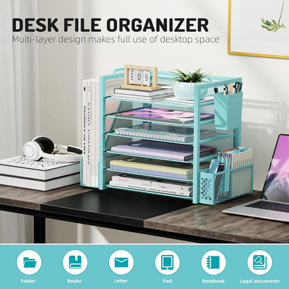 Simple Trending 6 Tier Desk File Organizer, Paper Letter Tray Organizer with File Holder and Pen Container, Black