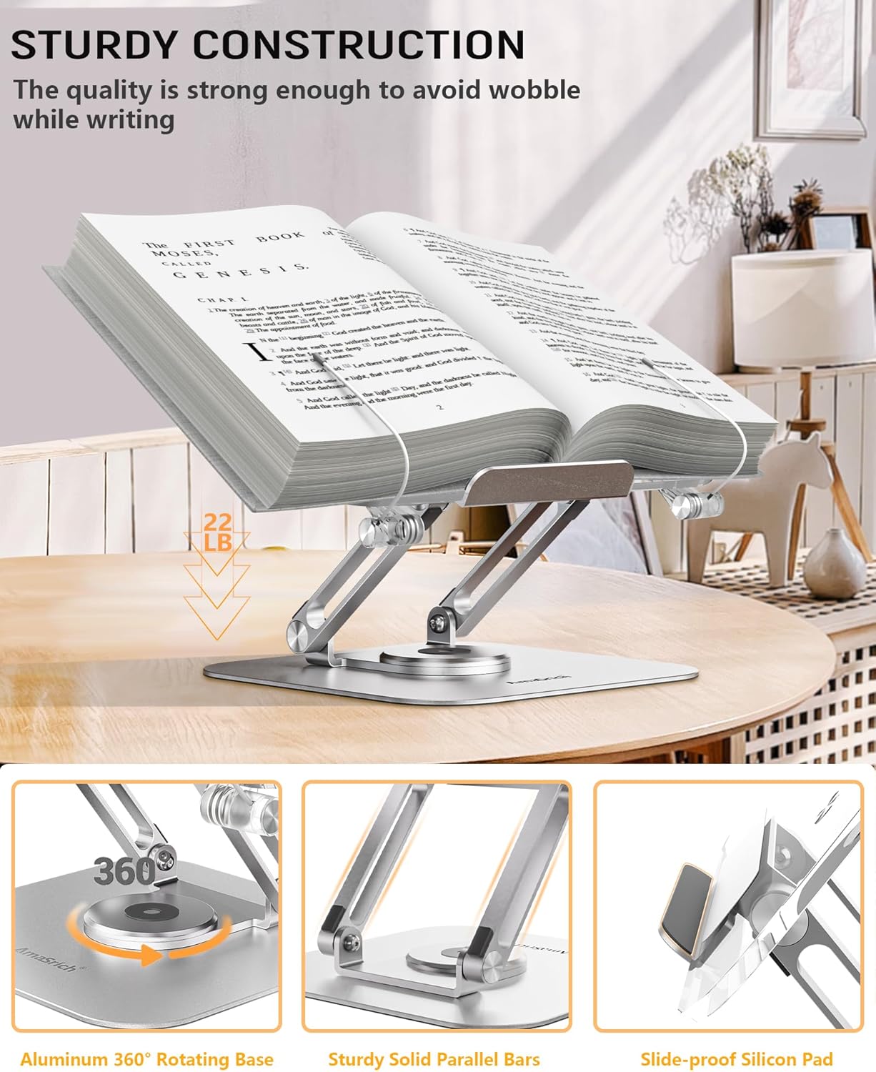 ACIsland Acrylic Book Stand for Reading-Adjustable Holder with 360° Rotating Base & Page Clips- Foldable Desktop Ricer for displaying Cookbook-Sheet Music-Laptop-Recipe-Textbook-Hands Free-Aluminium