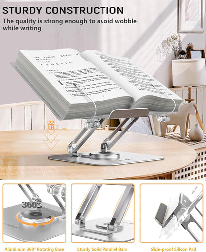 ACIsland Acrylic Book Stand for Reading-Adjustable Holder with 360° Rotating Base & Page Clips- Foldable Desktop Ricer for displaying Cookbook-Sheet Music-Laptop-Recipe-Textbook-Hands Free-Aluminium