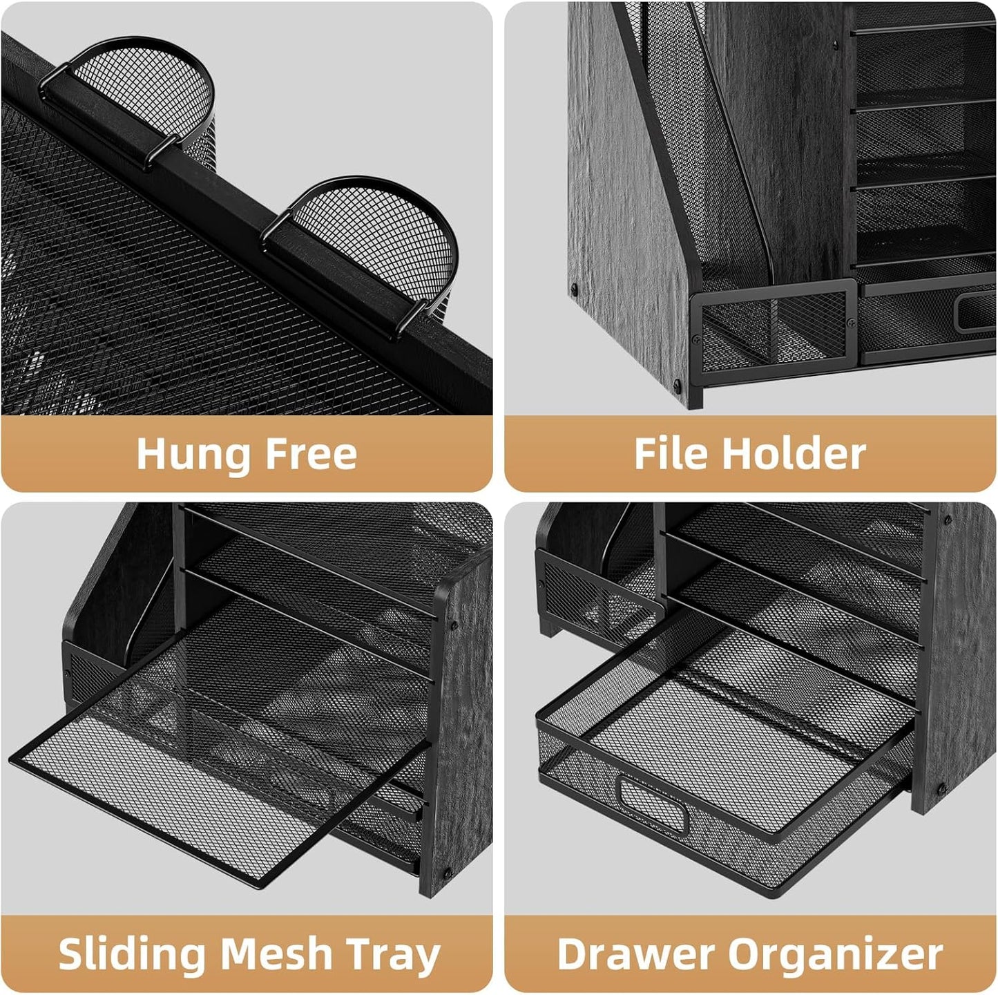 Marbrasse Desk Organizer with File Holder, 5-Tier Paper Letter Tray Organizer with Drawer and 2 Pen Holder, Mesh Desktop Organizer and Storage with Magazine Holder for Office Supplies(Black)
