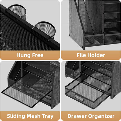Marbrasse Desk Organizer with File Holder, 5-Tier Paper Letter Tray Organizer with Drawer and 2 Pen Holder, Mesh Desktop Organizer and Storage with Magazine Holder for Office Supplies(Black)