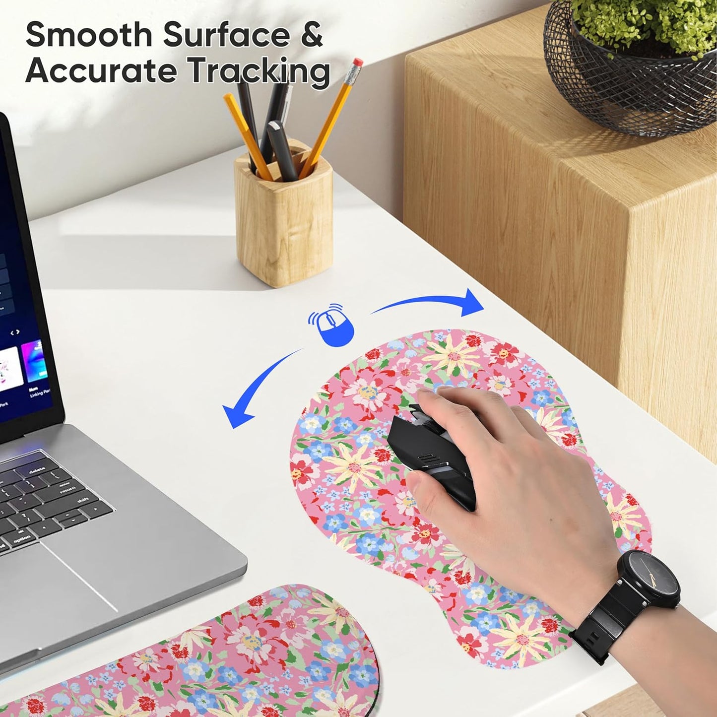 Wrist Rest Support for Mouse Pad Keyboard Set Circle Coaster Gaming Mouse Pad Ergonomic Gel Memory Foam Set for Computer, Laptop, Office, Pain Relief, Comfortably Typing Flowers KM-39