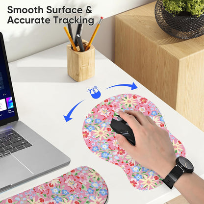 Wrist Rest Support for Mouse Pad Keyboard Set Circle Coaster Gaming Mouse Pad Ergonomic Gel Memory Foam Set for Computer, Laptop, Office, Pain Relief, Comfortably Typing Flowers KM-39
