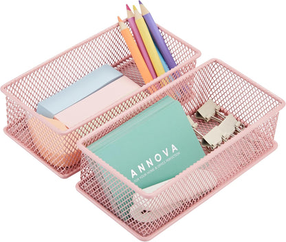 Annova Stackable Mesh Drawer Cabinet and Shelf Organizer Bins Storage Basket School Office Supply Holder Tray- Set of 2 (Gold, 3x3x2 Inch)