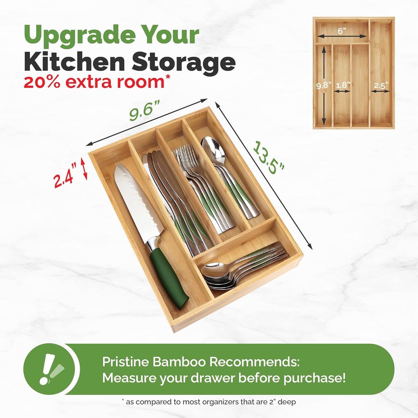 Pristine Bamboo Expandable Drawer Organizers for Kitchen - Extra Deep Non-Slip 17” x 14.6” (expands up to 25 inches) - Dark Wooden Silverware Divider (10 Compartments) – Organize Cooking Utensils