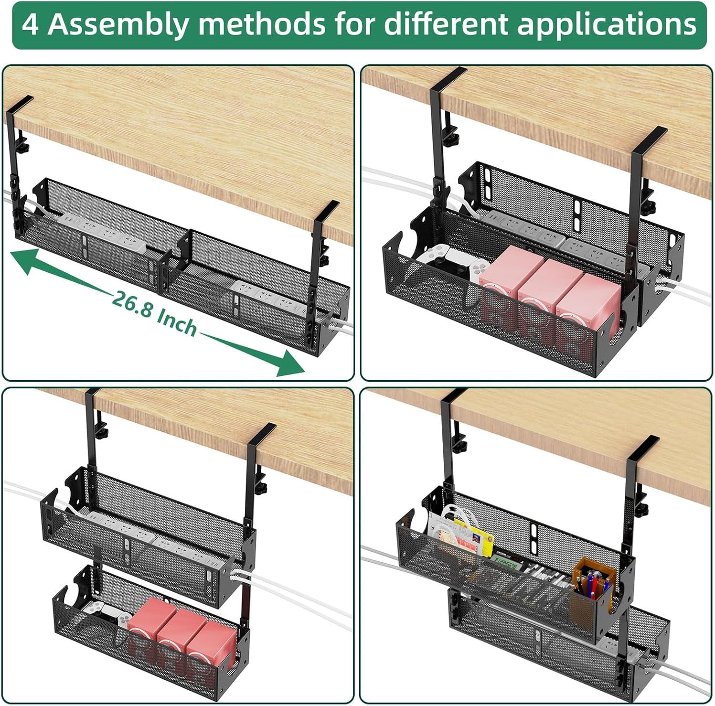 Multi-Model Under Desk Cable Management Tray 2 Packs Metal Under Desk Wire Management Clamp Mount Under Table Cord Management No Damage The Desk (Black)