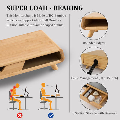 Homerays Monitor Stand with Drawer, Exquisite Computer Monitor Stand for Desk, Ergonomic Wood Monitor Stand Riser for Computer,Laptop,Printer,TV,Bamboo,White
