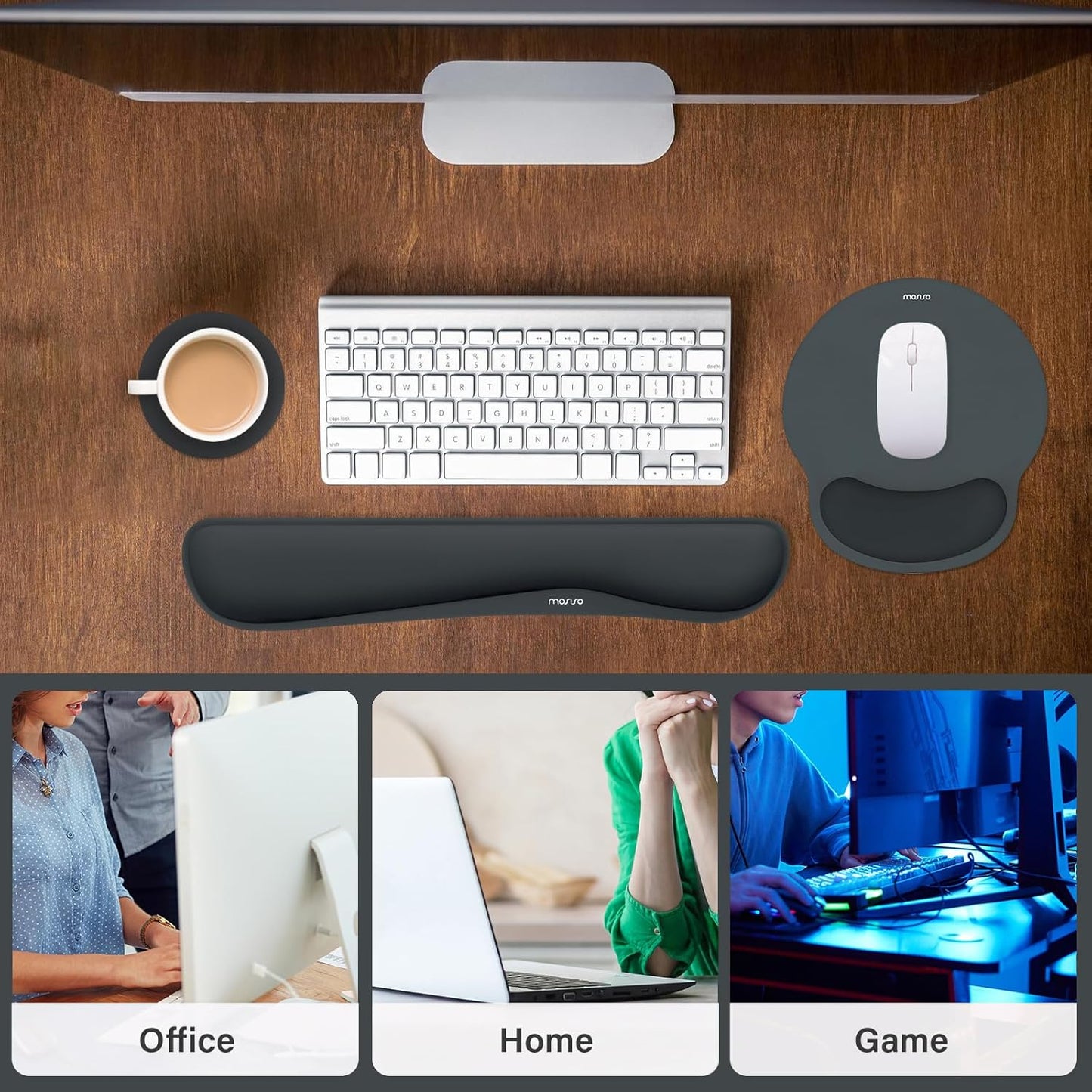 MOSISO Wrist Rest Support for Mouse Pad&Keyboard Set, Streamline Ergonomic Mousepad&Coaster Non-Slip Base Home/Office Pain Relief&Easy Typing Pad with Soft Cloth&Silicone Lining, Antique Green