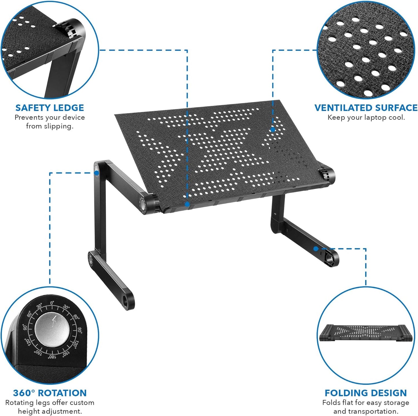 Mount-It! Adjustable Laptop Stand & Lap Desk, Freestanding Sit-Stand Laptop Tray for Bed, Couch, Desk & Floor, 22 lb Capacity, 1.6–18.9” Height, Ventilated Aluminum, Ships Fully Assembled