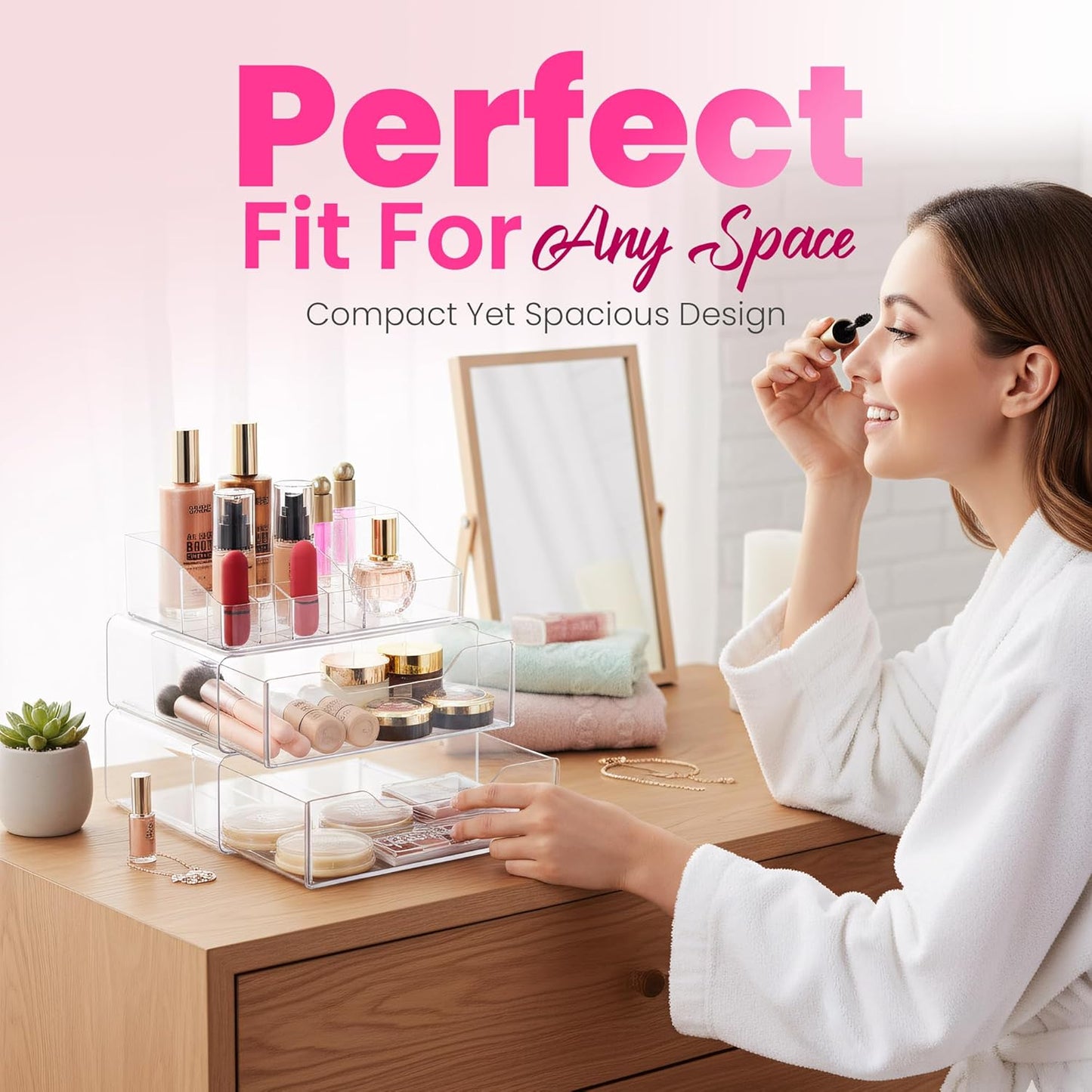 Masirs Clear Makeup Organizer - 16-Compartment Cosmetic and Jewelry Holder with 4 Drawers - Vanity Storage Box for Makeup, Skincare, Accessories, and Jewelry Display