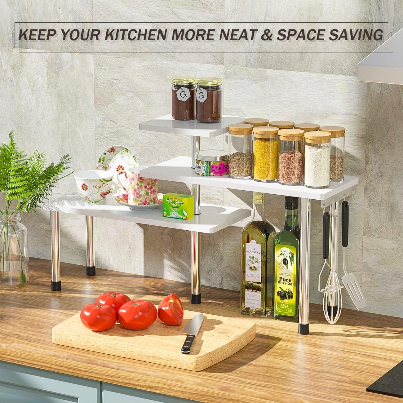 ZHWS Kitchen Countertop Organizer Spice Rack for Salt, Bathroom Counter Organizer Over Sink for Makeup, Skincare, Adjustable 3-Tier Corner Counter Shelf with 4 Hooks for Coffee Bar Dresser Table