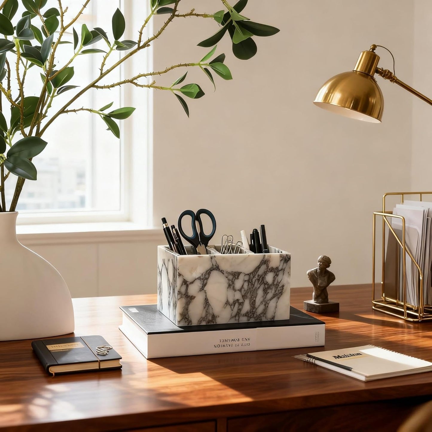 Marble Pen Holder, White Stone Rectangular Desktop Organizer, Office Study Makeup Brush Storage, Home Desk Decor, Minimalist Design, Durable Marble Accessory