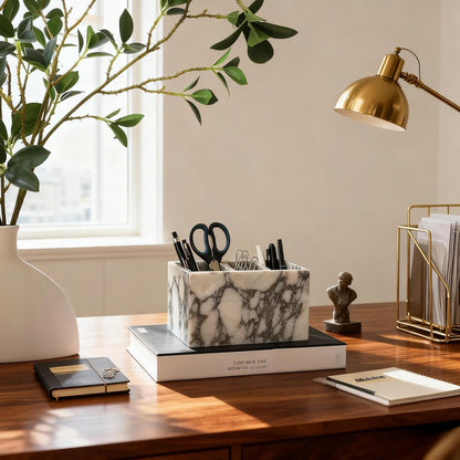Marble Pen Holder, White Stone Rectangular Desktop Organizer, Office Study Makeup Brush Storage, Home Desk Decor, Minimalist Design, Durable Marble Accessory