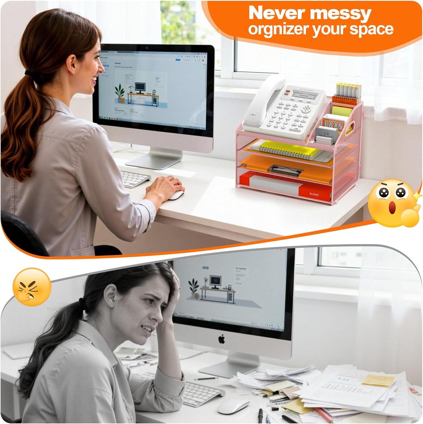 DocNest 4 Tier Metal Mesh Letter Tray - Space Saving Desk File Organizer with Handle, Pen Holder & Folder Holder - Desktop Document Sorter for Office, Home, School, Classroom - Black