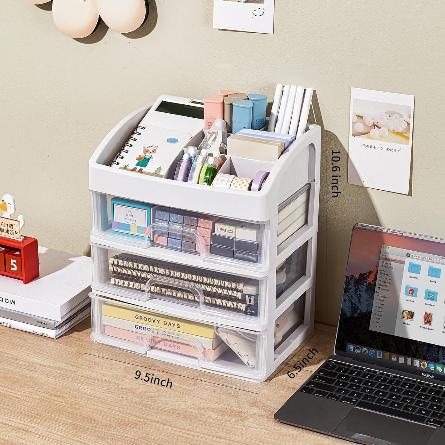 Desk Organizer with 4 Drawer Storage, Desktop Drawers Organizer for Office/School Supplies, Plastic Stationary Makeup Organizer, Desk Storage Box Organizer for Office, School, Bathroom