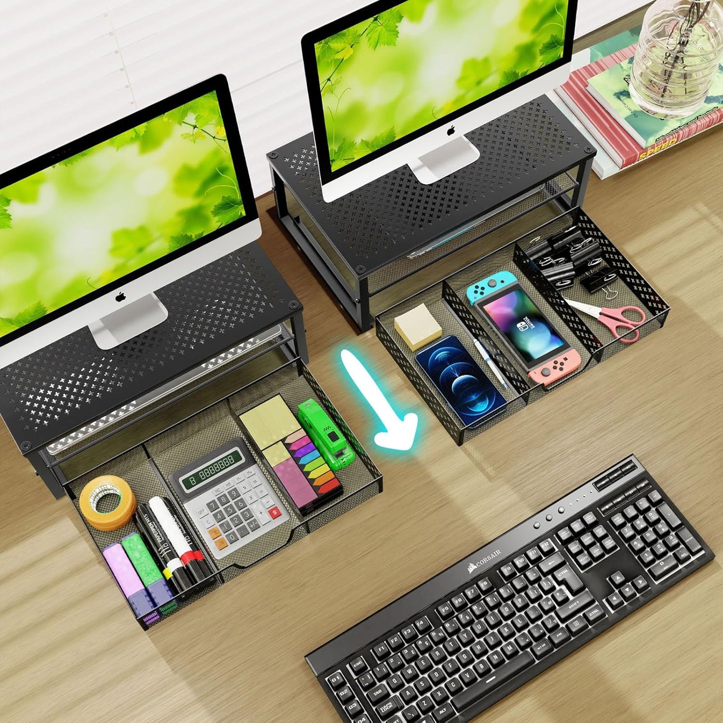 Simple Trending Metal Monitor Stand Riser and Computer Desk Organizer with Drawer for Laptop, Computer, iMac, Black