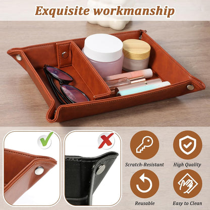 Vintage Valet Tray Set of 2, Foldable PU Leather Catchall Organizer with Removable Dividers for Desktop, Nightstand, Dresser - Dark Brown, 11.2"x8.4"x1.8"