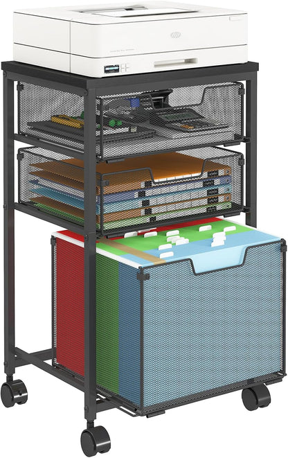 Sbanmao Rolling File Cart with 2 Storage Drawers, Mobile File Cabinet with Wheels, Hanging File Folder Organizer, Under Desk Storage, Printer Stand Utility Cart Filing Cabinet for Home Office,Black