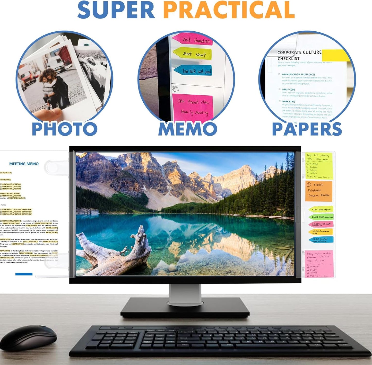 Barelove 2 Pack Computer Monitor Memo Board Document Holders (Left & Right) + Sticky Note, Acrylic Screen Paper Clip Message Pad, Reminder Side Panels Organizer for Students Office Desktop