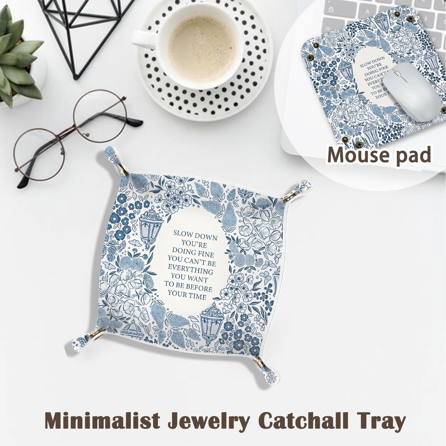 Inspirational Gifts for Women Jewelry Valet Tray, Motivational Positive Affirmations Gifts for Women, Blue Retro Nightstand Desk Accessories PU Leather Tray Organizer for Jewelry Rings Watches