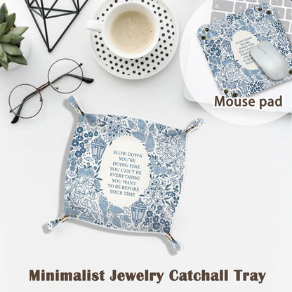 Inspirational Gifts for Women Jewelry Valet Tray, Motivational Positive Affirmations Gifts for Women, Blue Retro Nightstand Desk Accessories PU Leather Tray Organizer for Jewelry Rings Watches