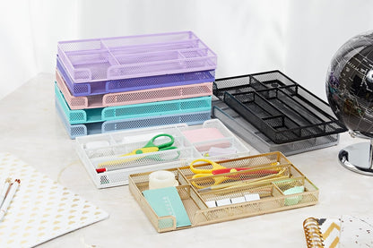 Annova Desk Drawer Organizer Tray for Office Organization - Metal Mesh - Storage Tray with Dividers for Pens, Desktop Accessories, Bathroom, Kitchen, Makeup and Office Supplies (Small, Gold)