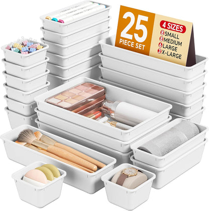 KEMETHY 25 PCS Plastic Drawer Organizers Set, 4 Sizes Vanity Organizer, Makeup and Desk Drawer Organizer Trays, Organization and Storage for Makeup, Bathroom, Kitchen Utensils and Office (Black)