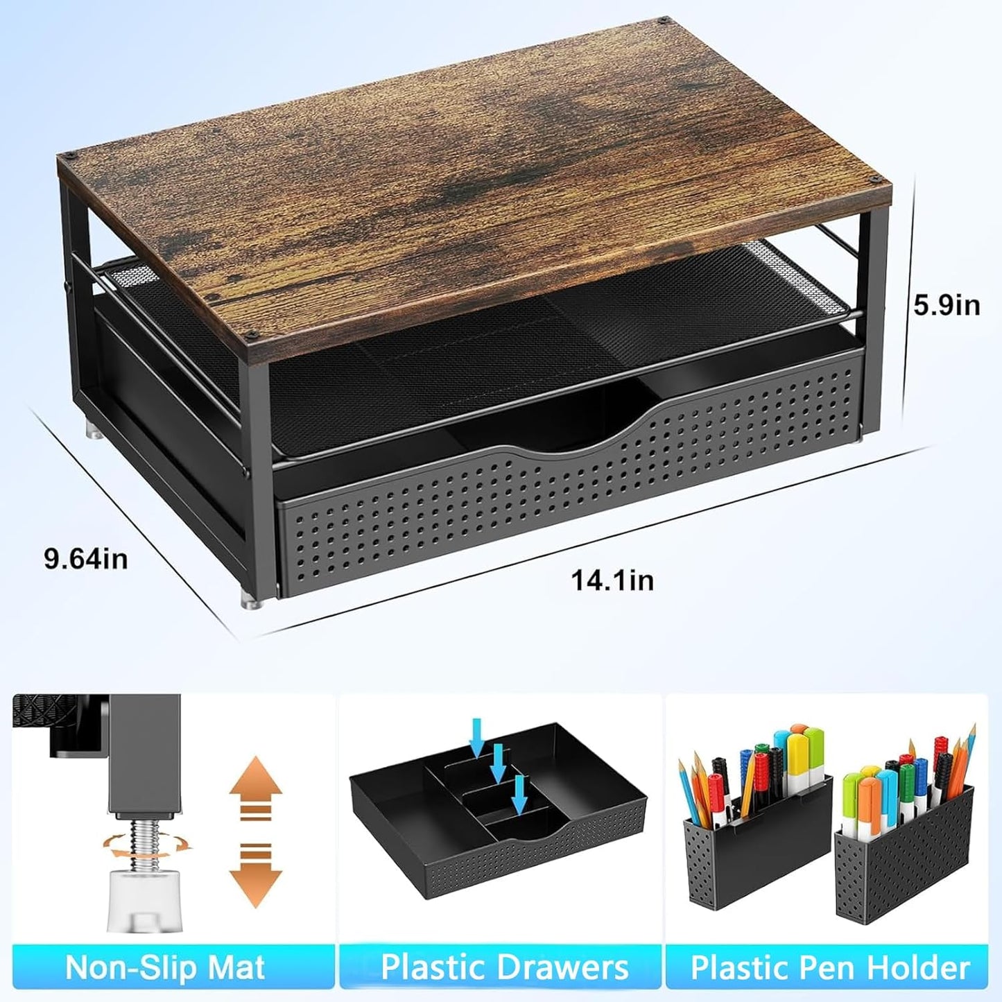 gianotter Wood Monitor Stand Riser, Office Desk Shelf Organizer, Desk Organizer with Drawer and Pen Holder, 2-Tier Computer Stand, Office Organization (Ink)