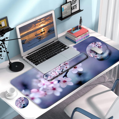 Desk Mat Set + Keyboard and Mouse Pad with Wrist Rest Support,4-in-1 Large Mousepad Computer Mats for Desktop Home & Office-Purple Butterflies