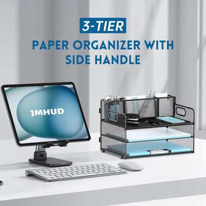 3 Tier Desk File Organizer with Pen Holder, Mesh Paper Tray File Organizer for Desk, Fold Holder with Handle for Office, Classroom, Home, Workspace(Black)